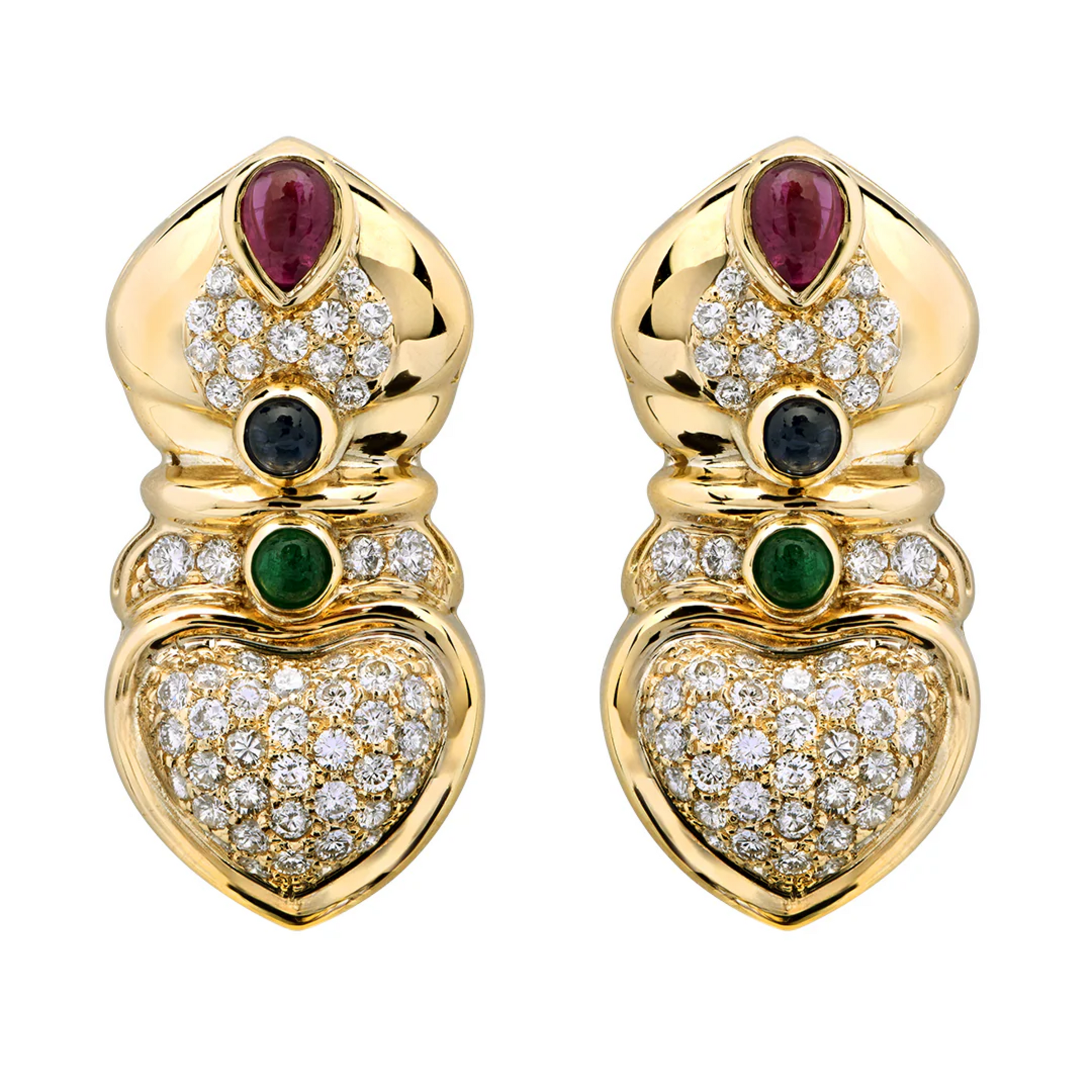 1980s 18KT Yellow Gold Diamond, Emerald & Ruby Earrings front