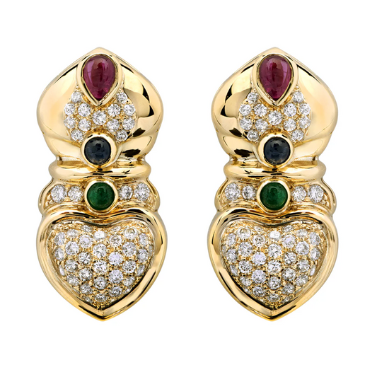 1980s 18KT Yellow Gold Diamond, Emerald & Ruby Earrings front