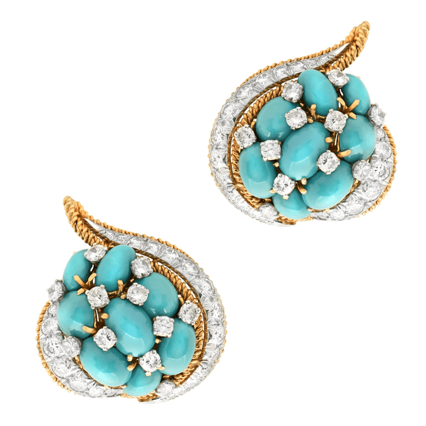 David Webb Post-1980s 18KT White & Yellow Gold Turquoise & Diamond Earrings front