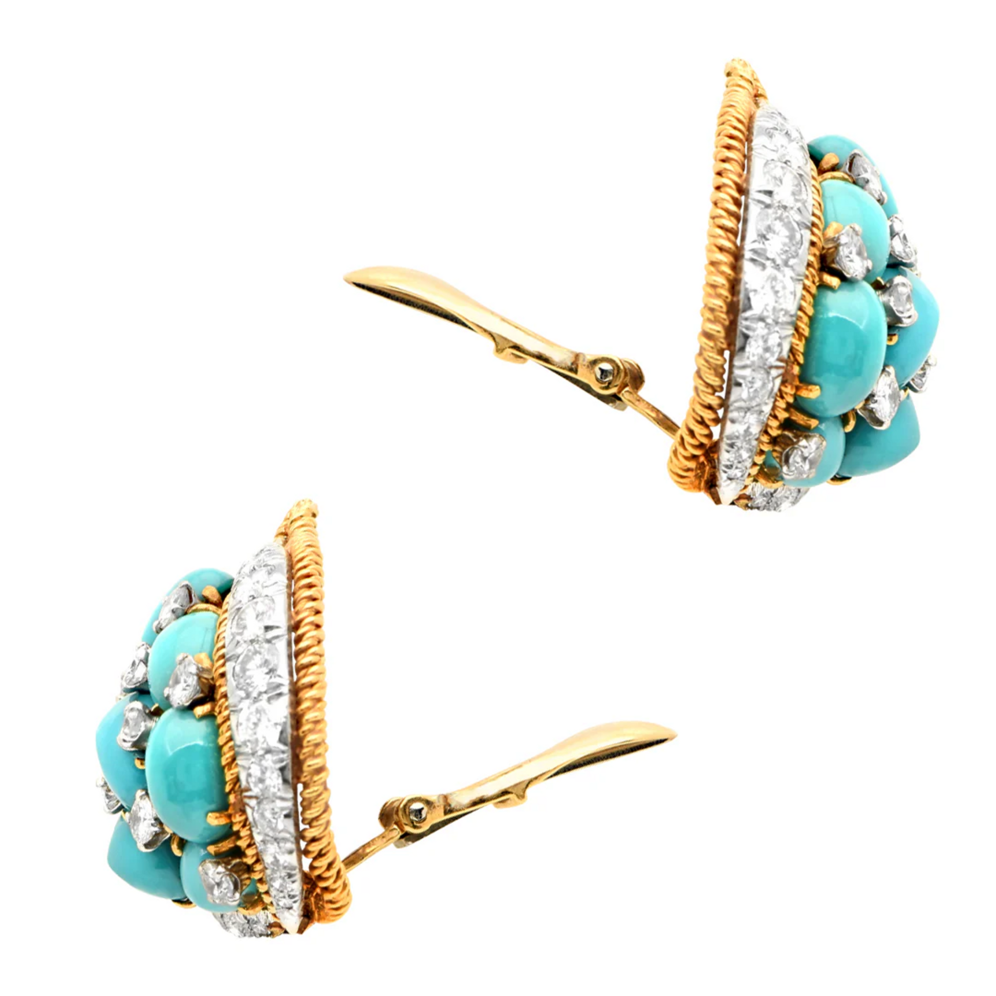 David Webb Post-1980s 18KT White & Yellow Gold Turquoise & Diamond Earrings side