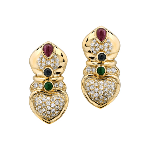 1980s 18KT Yellow Gold Diamond, Emerald & Ruby Earrings front