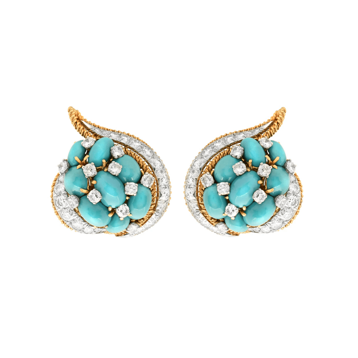 David Webb Post-1980s 18KT White & Yellow Gold Turquoise & Diamond Earrings front