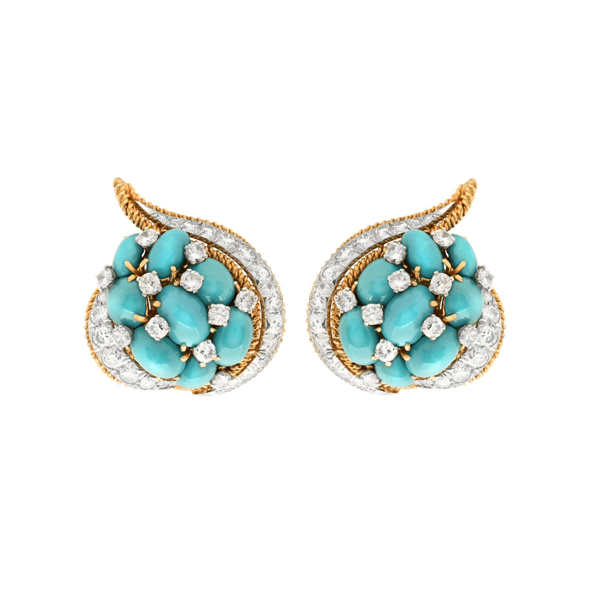 David Webb Post-1980s 18KT White & Yellow Gold Turquoise & Diamond Earrings front