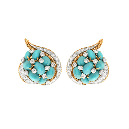 David Webb Post-1980s 18KT White & Yellow Gold Turquoise & Diamond Earrings front