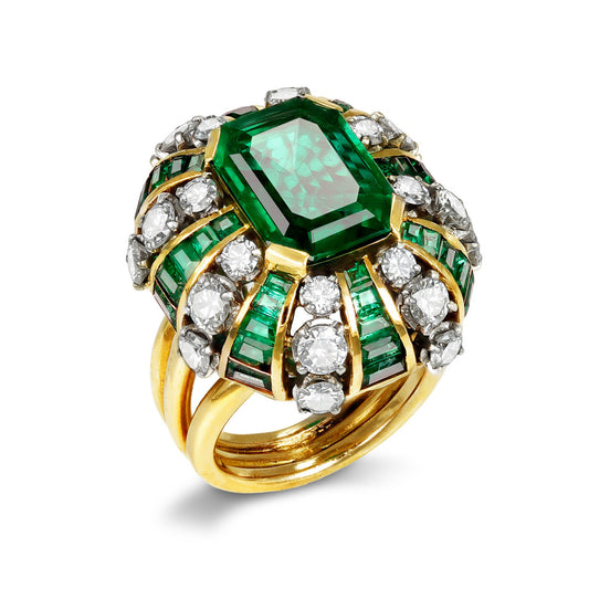 French 1960s Platinum & 18KT Yellow Gold Emerald & Diamond Ring profile