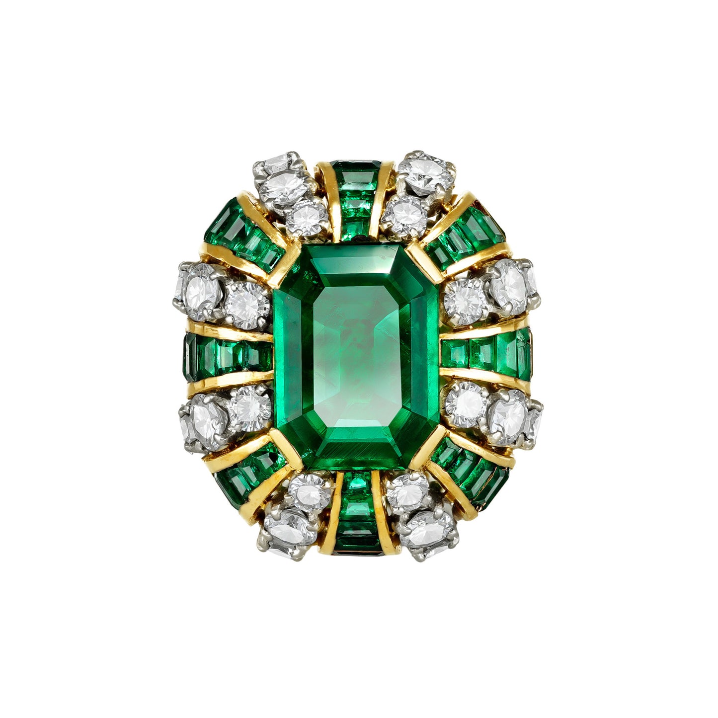 French 1960s Platinum & 18KT Yellow Gold Emerald & Diamond Ring front