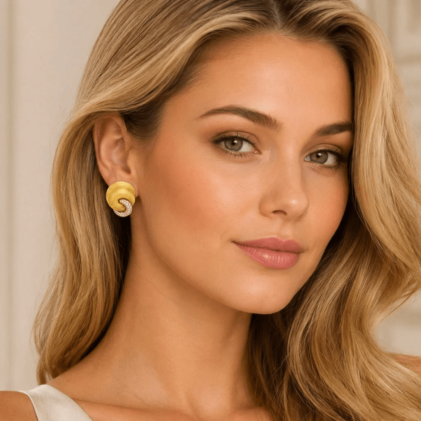 Henry Dunay Post-1980s 18KT Yellow Gold Diamond Earrings on ear
