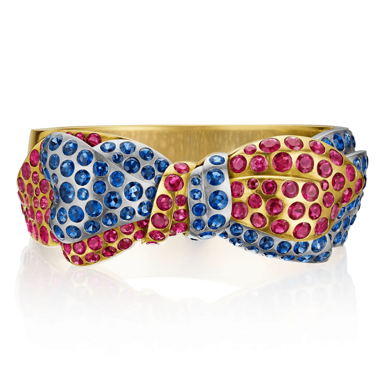 Retro 18KT White & Yellow Gold Ruby & Sapphire Bow Bracelet front