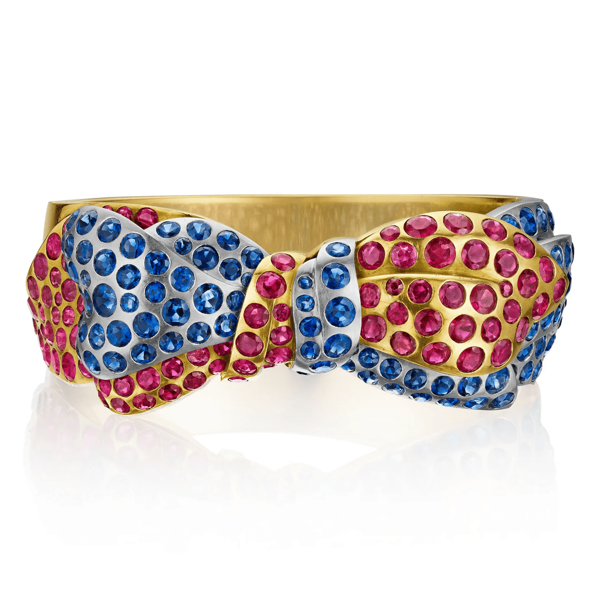 Retro 18KT White & Yellow Gold Ruby & Sapphire Bow Bracelet front