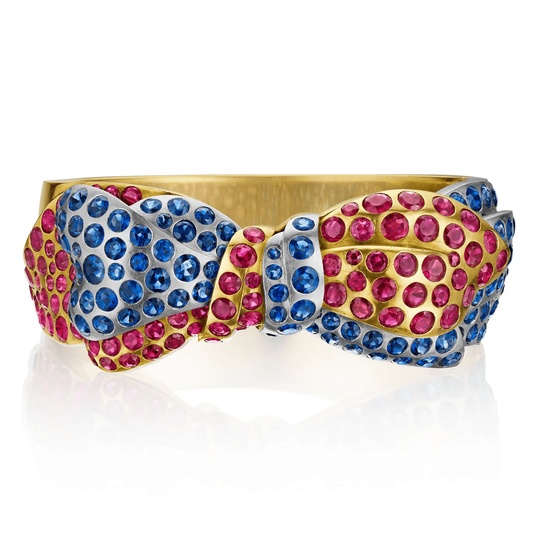 Retro 18KT White & Yellow Gold Ruby & Sapphire Bow Bracelet front