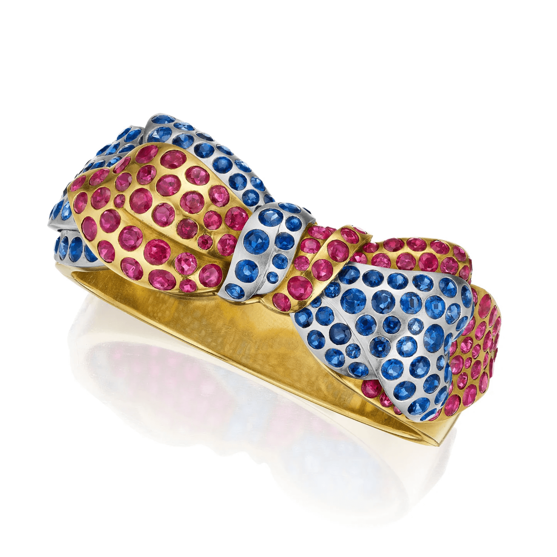 Retro 18KT White & Yellow Gold Ruby & Sapphire Bow Bracelet front