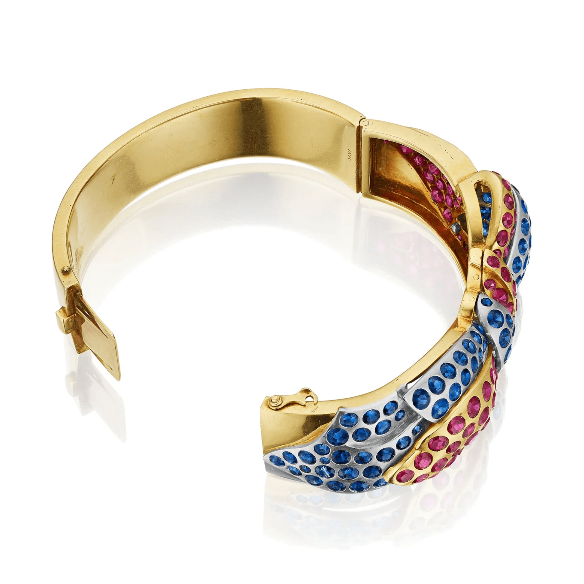 Retro 18KT White & Yellow Gold Ruby & Sapphire Bow Bracelet side