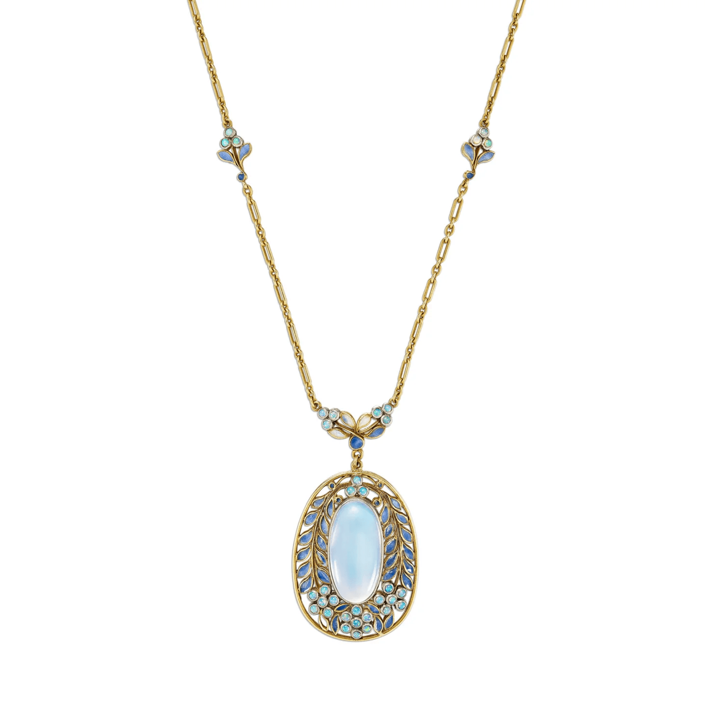 Tiffany & Co. Art Nouveau Platinum & 18KT Yellow Gold Moonstone, Enamel & Opal Necklace front