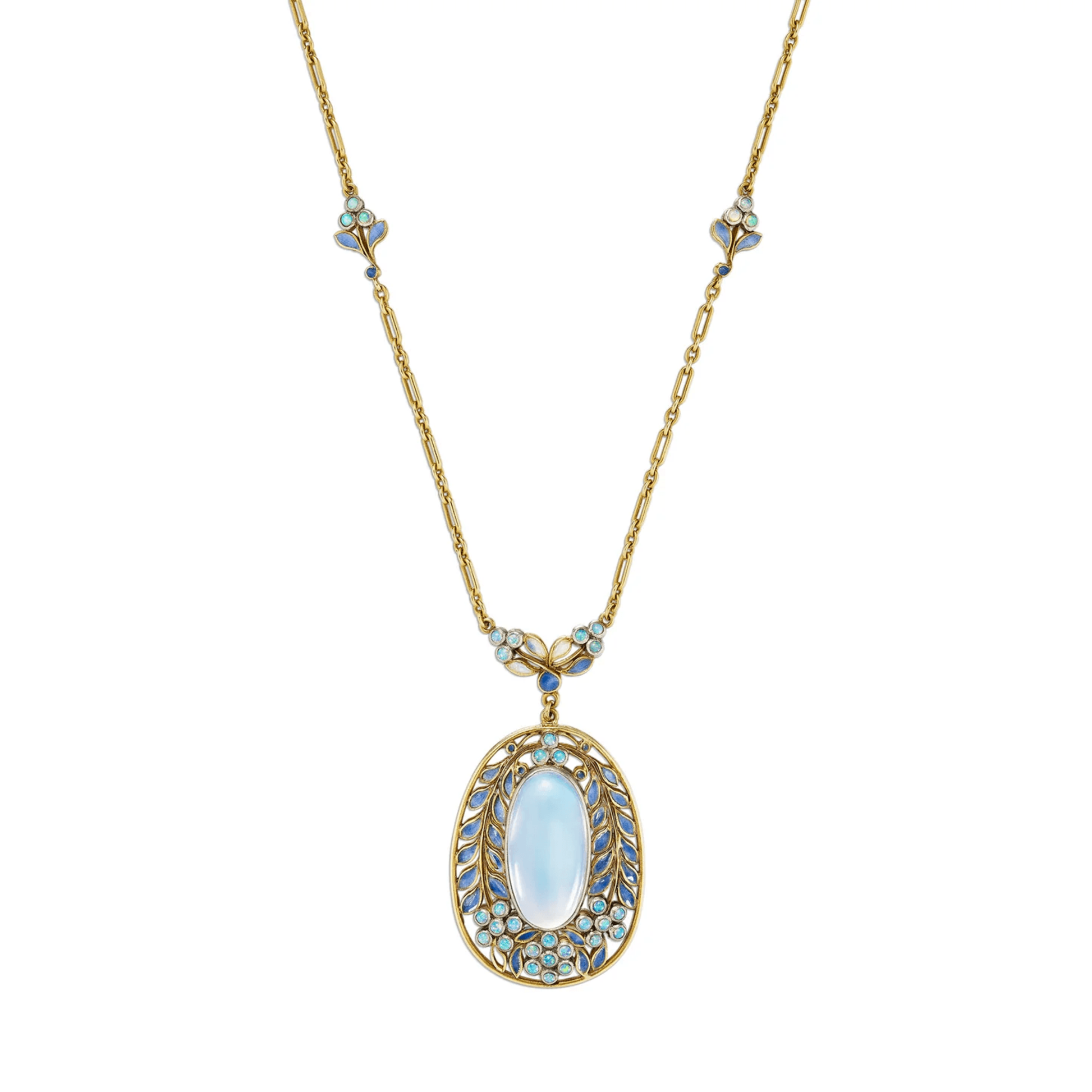 Tiffany & Co. Art Nouveau Platinum & 18KT Yellow Gold Moonstone, Enamel & Opal Necklace front