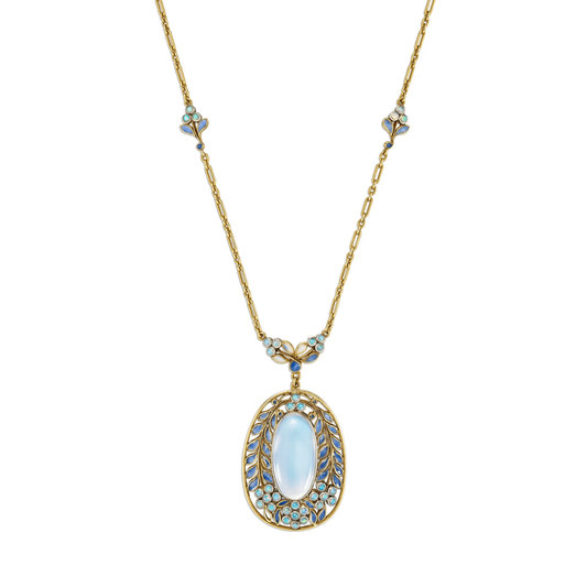 Tiffany & Co. Art Nouveau Platinum & 18KT Yellow Gold Moonstone, Enamel & Opal Necklace front