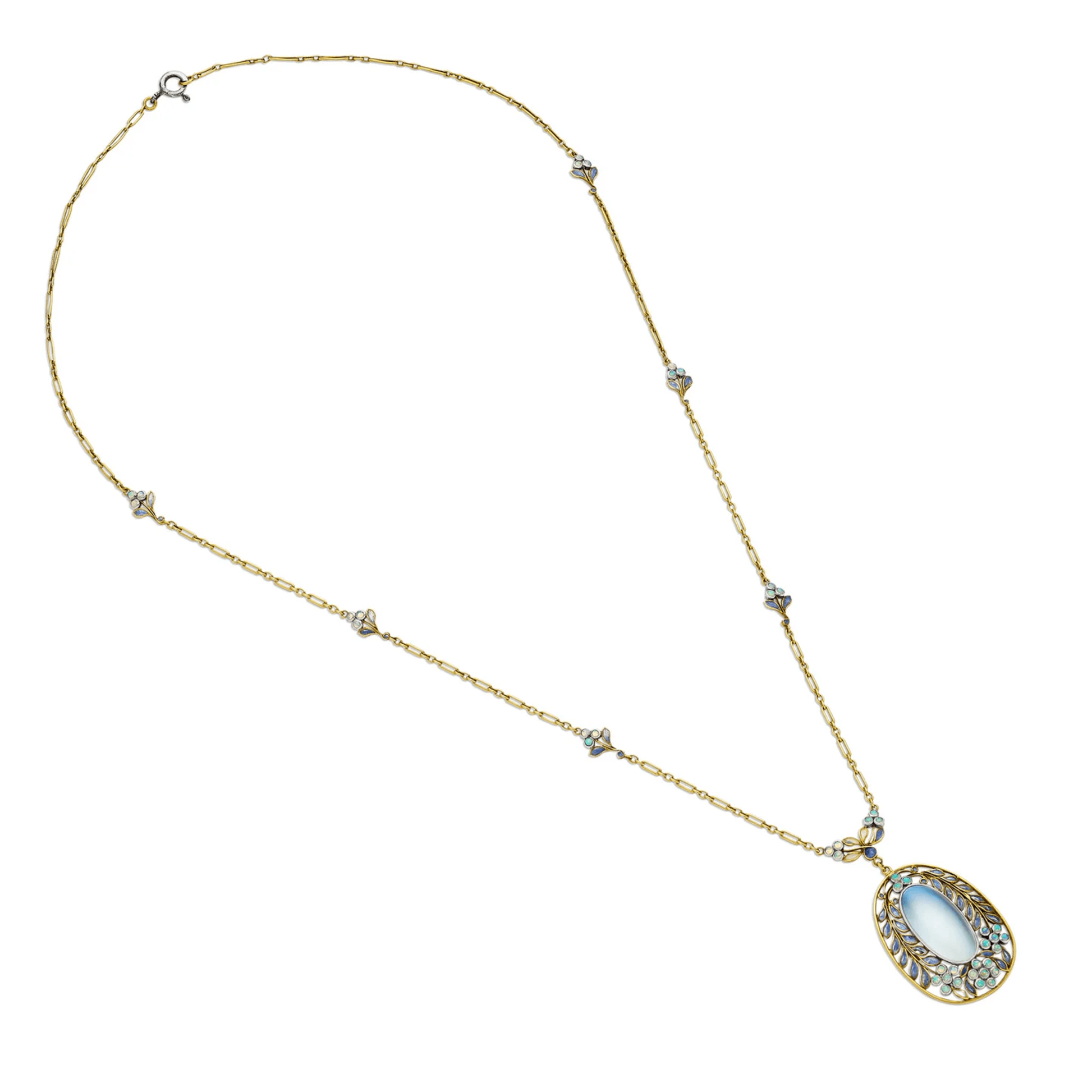 Tiffany & Co. Art Nouveau Platinum & 18KT Yellow Gold Moonstone, Enamel & Opal Necklace front