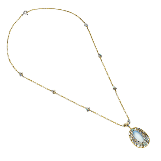 Tiffany & Co. Art Nouveau Platinum & 18KT Yellow Gold Moonstone, Enamel & Opal Necklace front