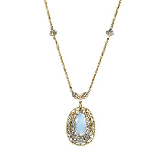 Tiffany & Co. Art Nouveau Platinum & 18KT Yellow Gold Moonstone, Enamel & Opal Necklace back