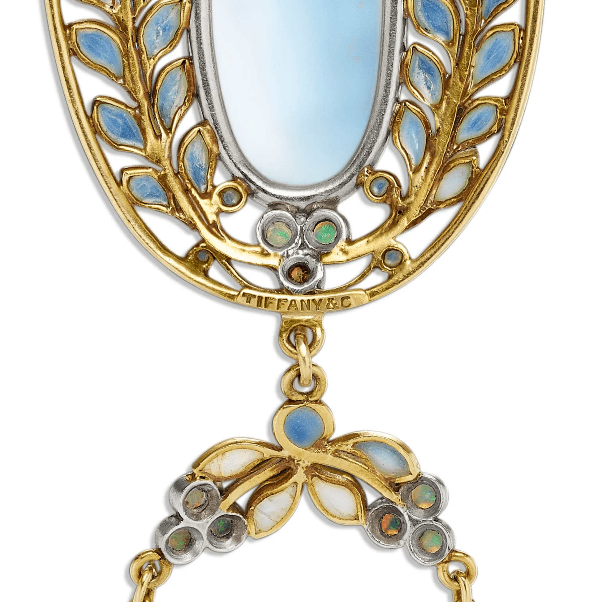 Tiffany & Co. Art Nouveau Platinum & 18KT Yellow Gold Moonstone, Enamel & Opal Necklace signature