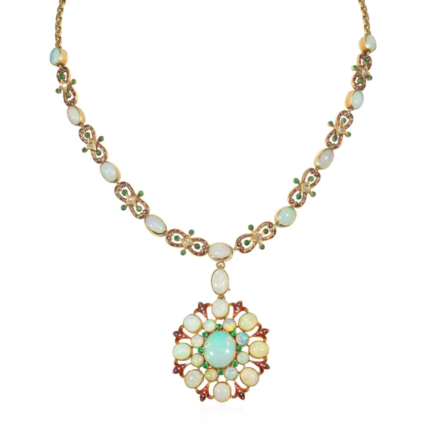 English Victorian 18KT Yellow Gold Opal, Diamond & Enamel Necklace front
