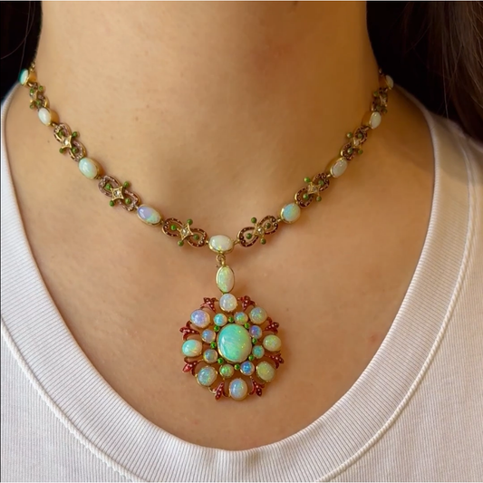 English Victorian 18KT Yellow Gold Opal, Diamond & Enamel Necklace on neck