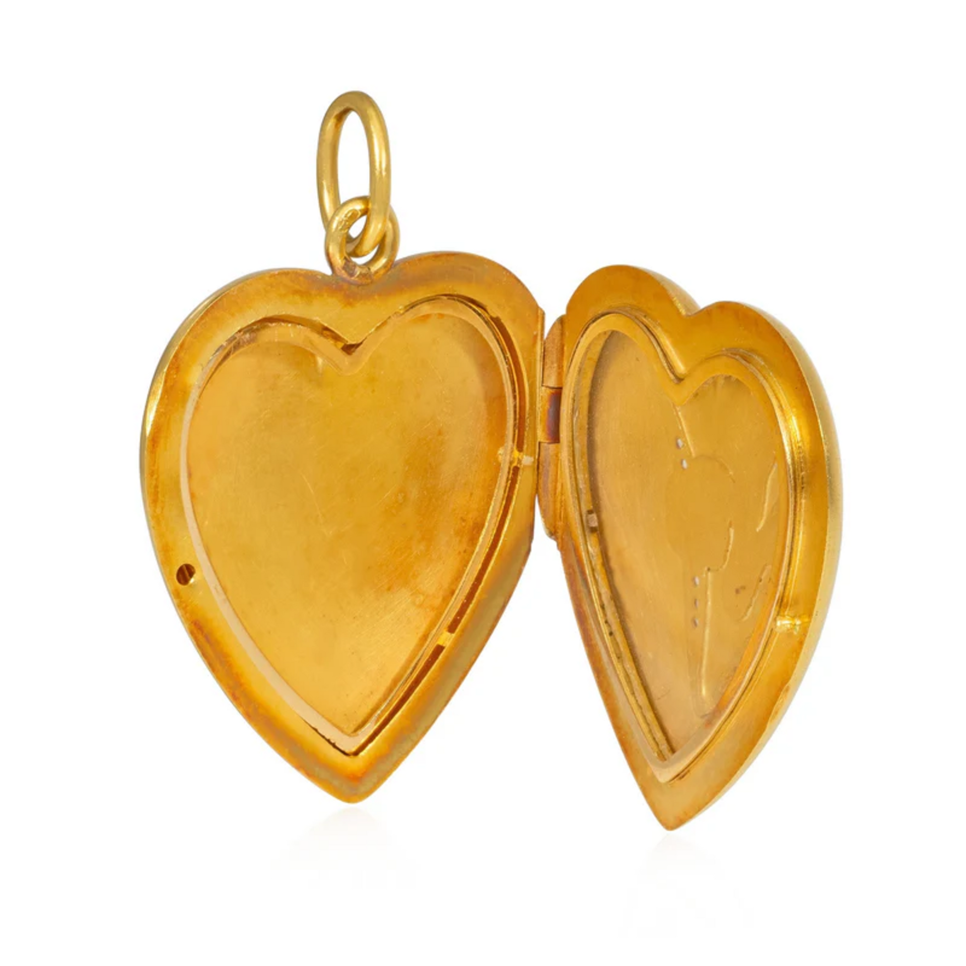 Art Nouveau 18KT Yellow Gold Diamond & Enamel Heart Locket Pendant inside locket