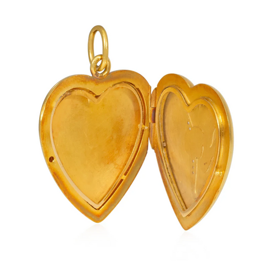 Art Nouveau 18KT Yellow Gold Diamond & Enamel Heart Locket Pendant inside locket