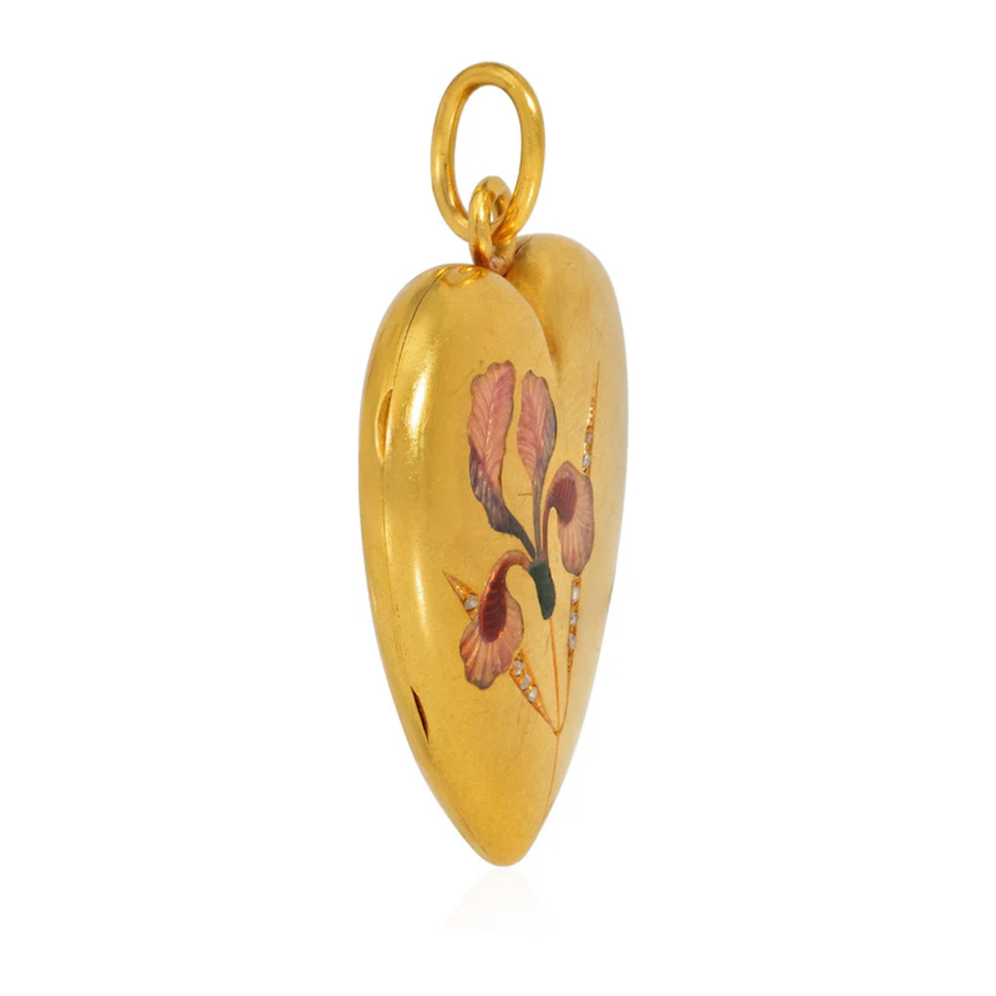Art Nouveau 18KT Yellow Gold Diamond & Enamel Heart Locket Pendant side