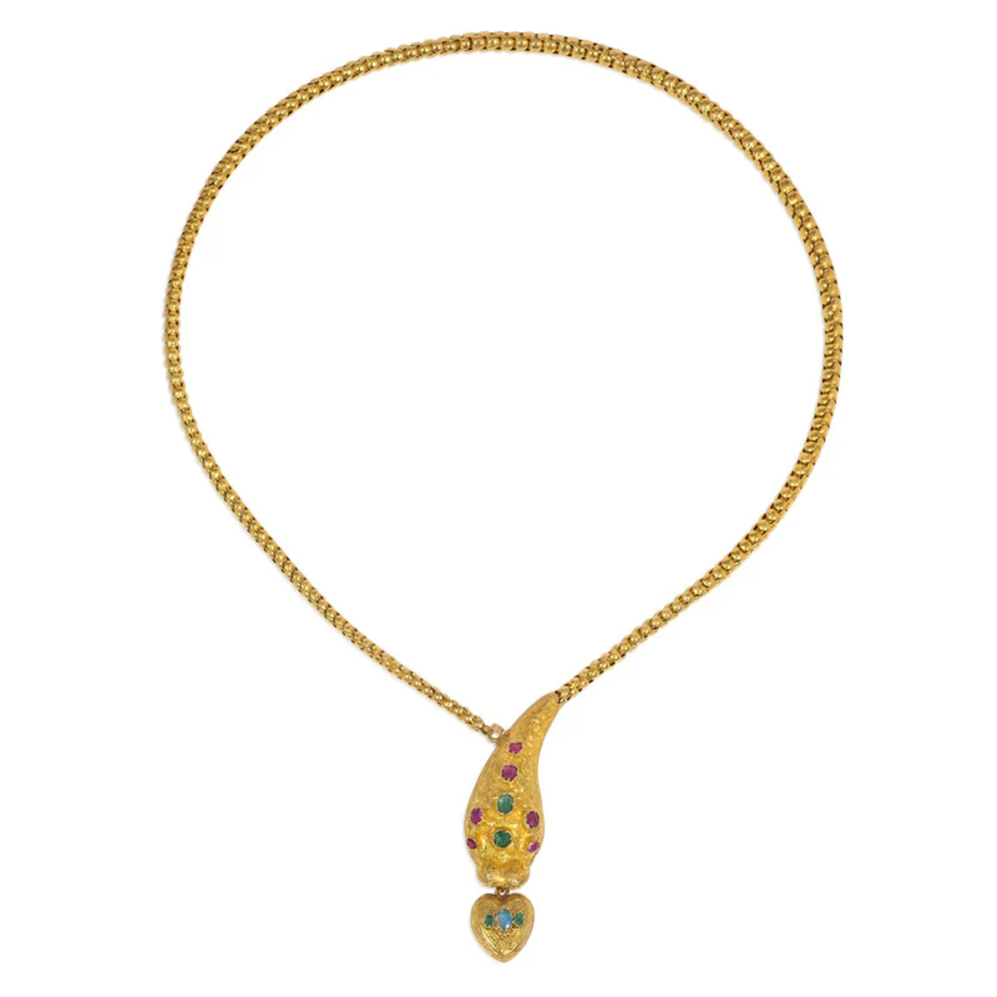 Georgian 18KT Yellow Gold Emerald, Opal & Ruby Snake Locket Necklace front
