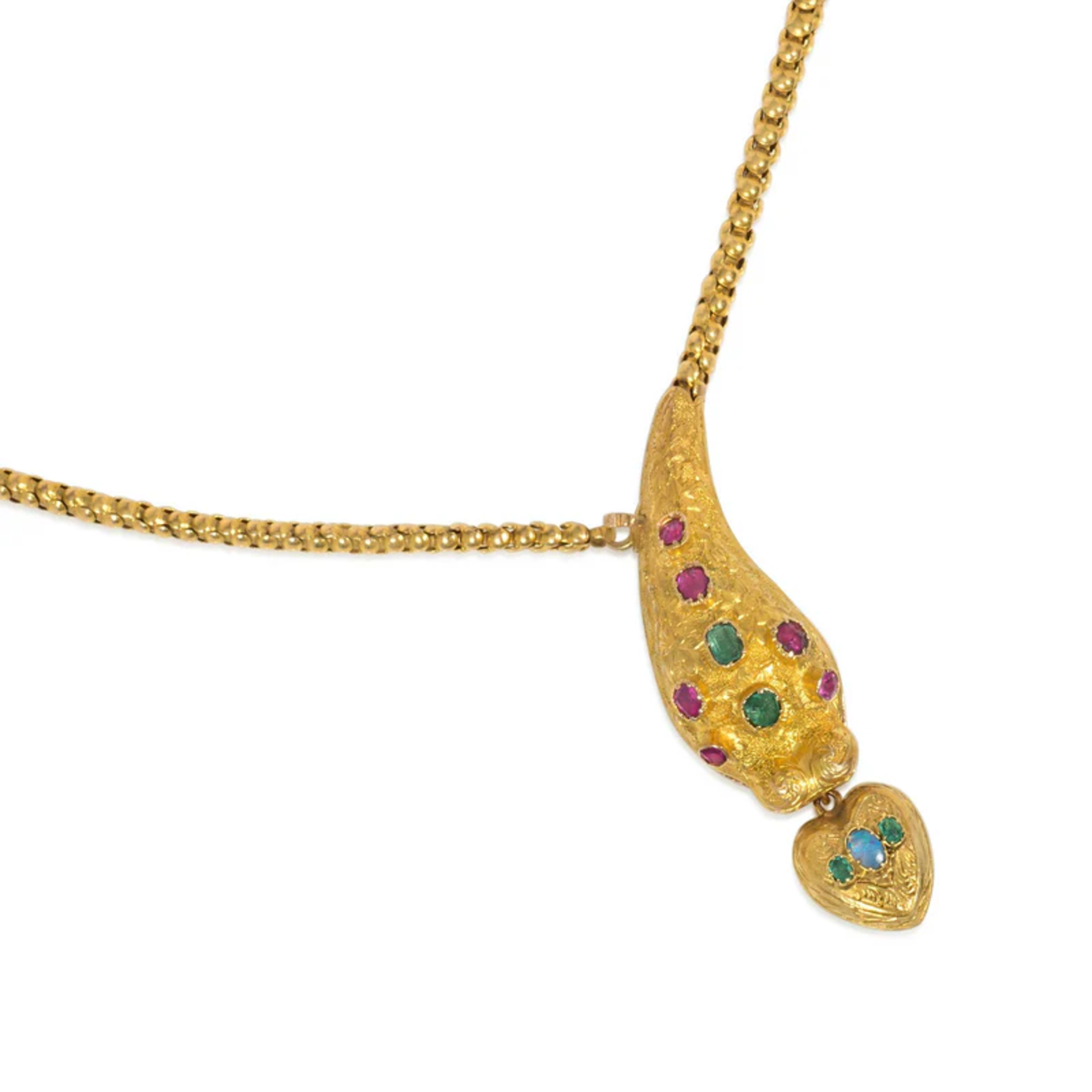 Georgian 18KT Yellow Gold Emerald, Opal & Ruby Snake Locket Necklace details