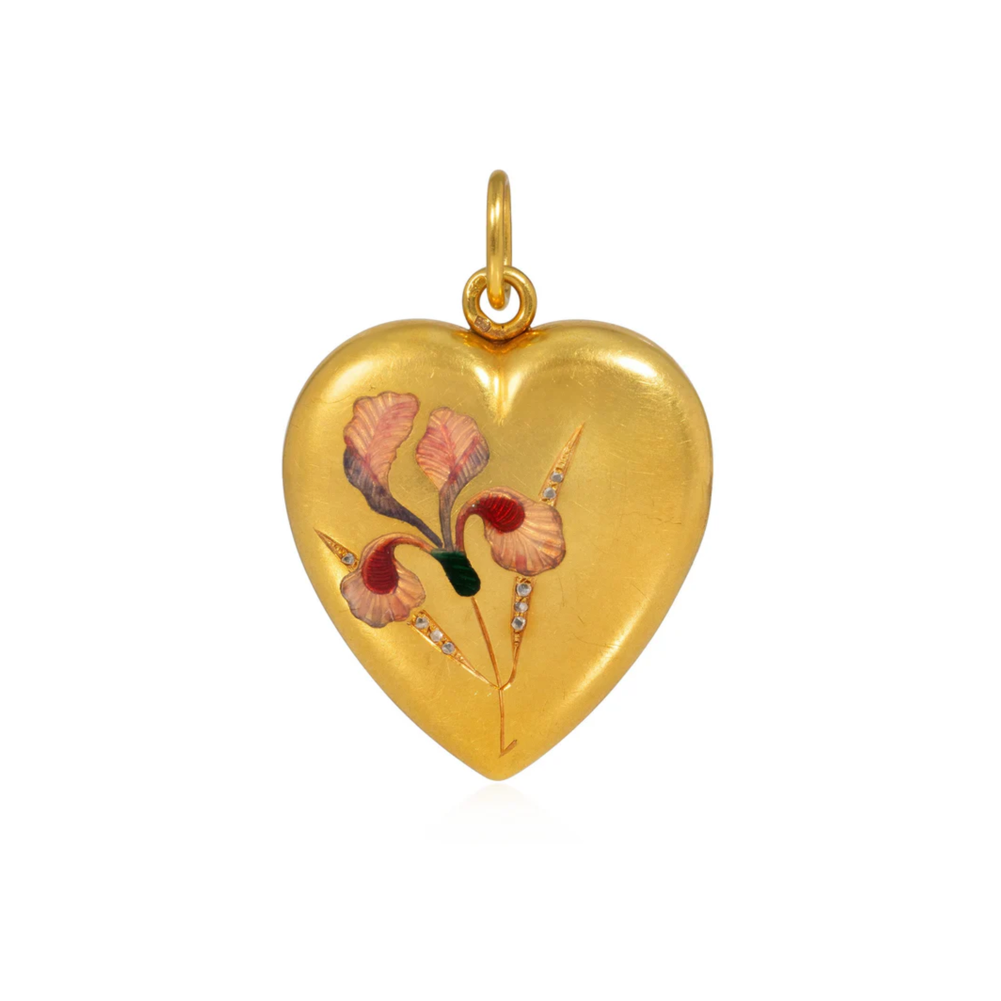 Art Nouveau 18KT Yellow Gold Diamond & Enamel Heart Locket Pendant front