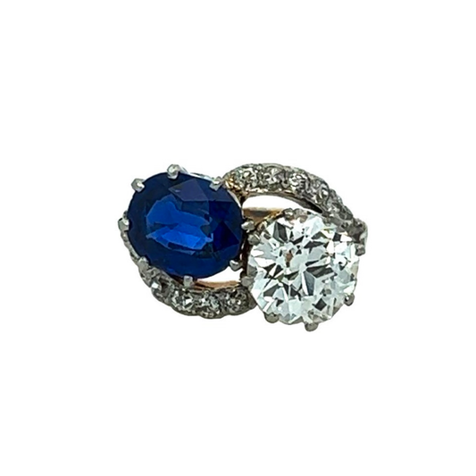 Edwardian Platinum Burma Sapphire & Diamond Bypass Ring front view