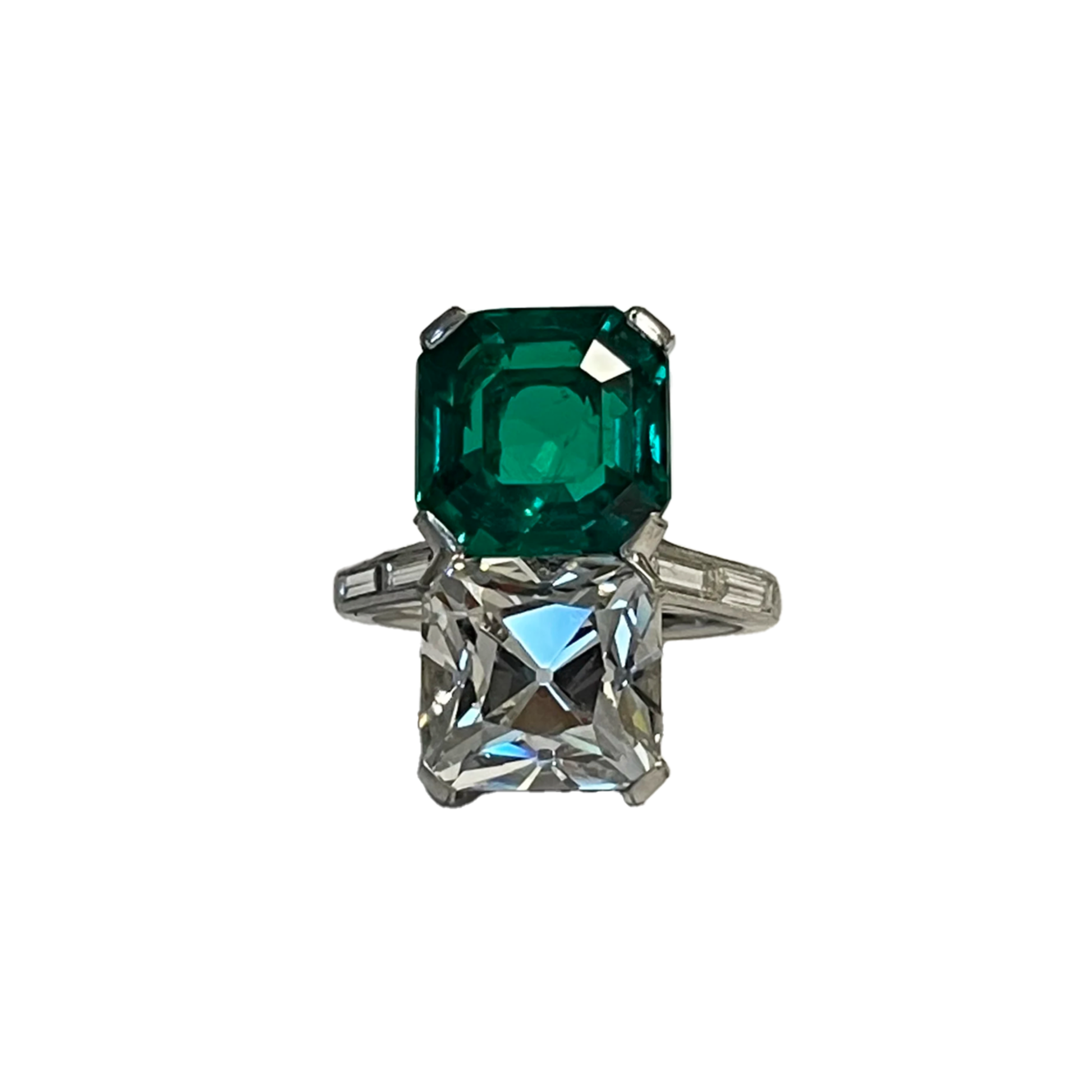 Art Deco Platinum Emerald & Diamond North-South Twin Ring front view