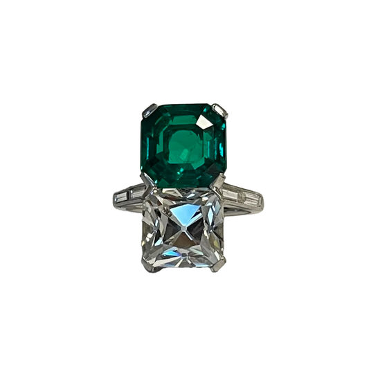 Art Deco Platinum Emerald & Diamond North-South Twin Ring front view