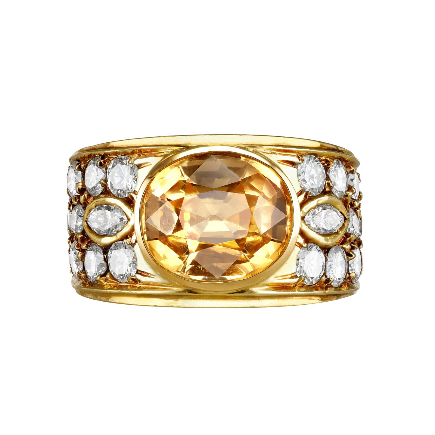 Italian 1970s 18KT Yellow Gold Sapphire & Diamond Ring front