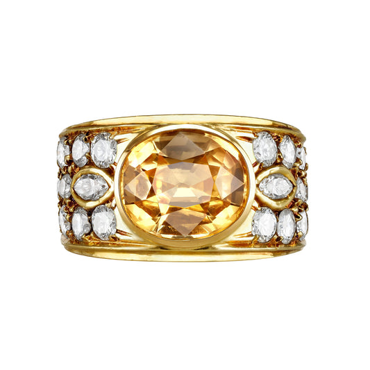 Italian 1970s 18KT Yellow Gold Sapphire & Diamond Ring front
