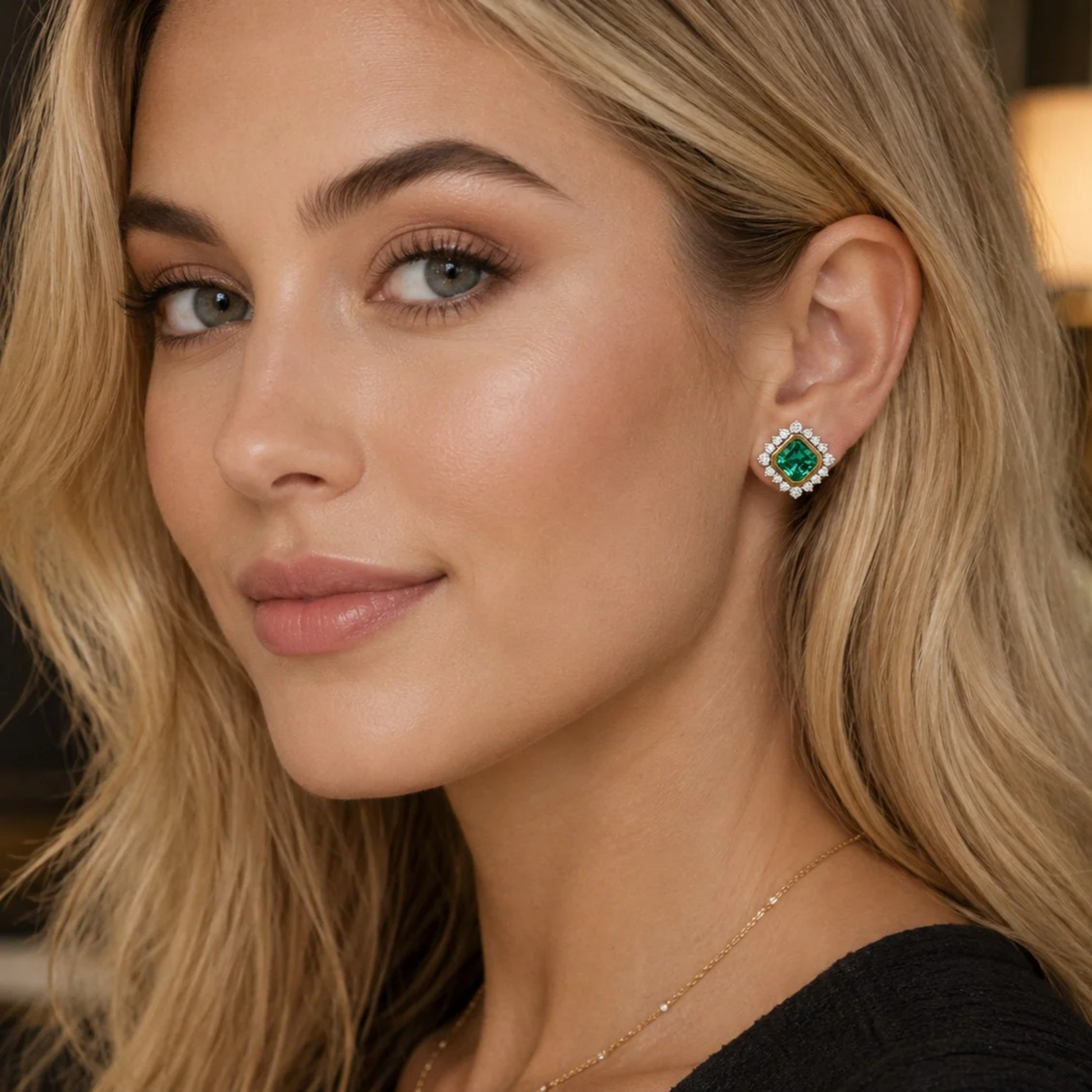 Contemporary 18KT Yellow Gold Emerald & Diamond Earrings on ear