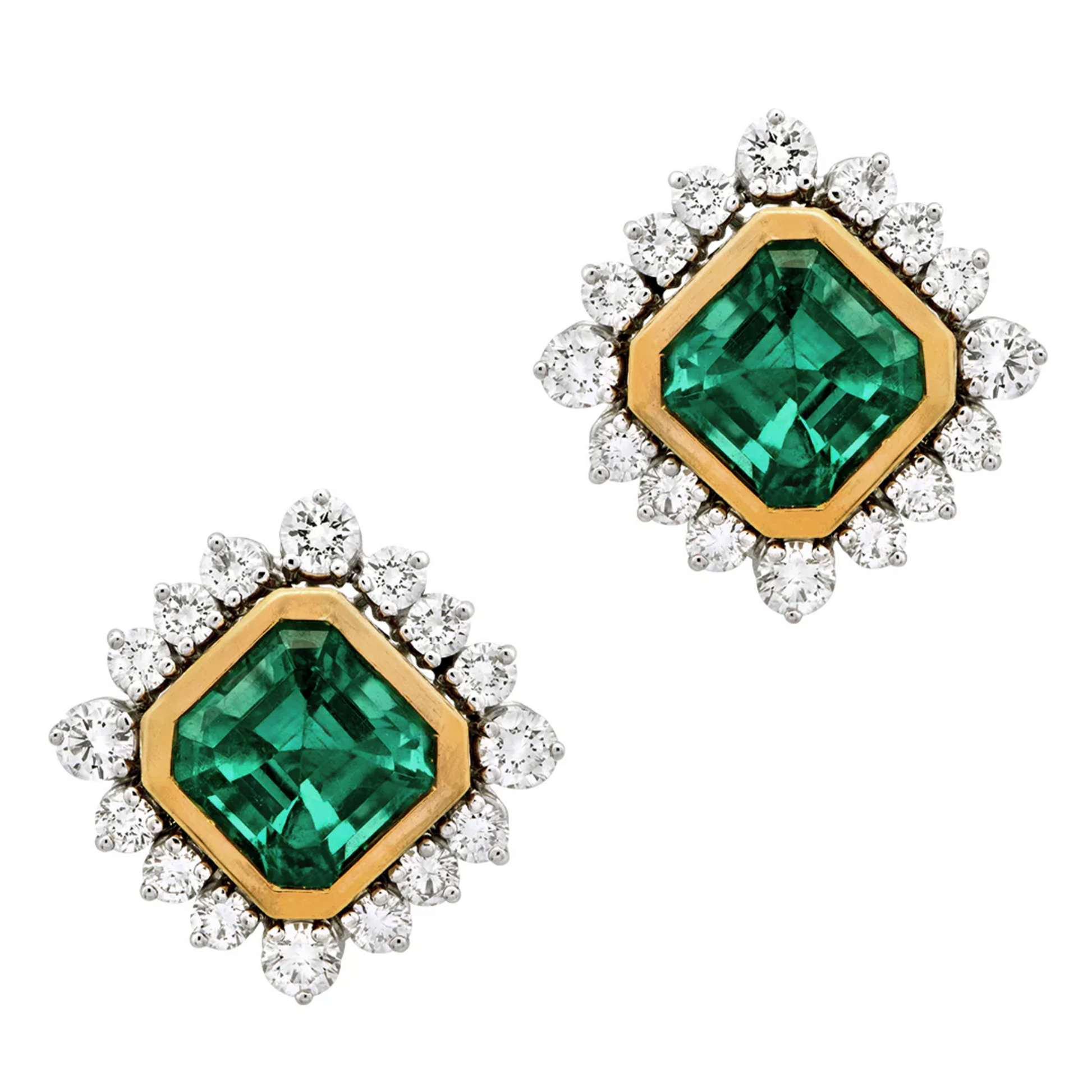 Contemporary 18KT Yellow Gold Emerald & Diamond Earrings front