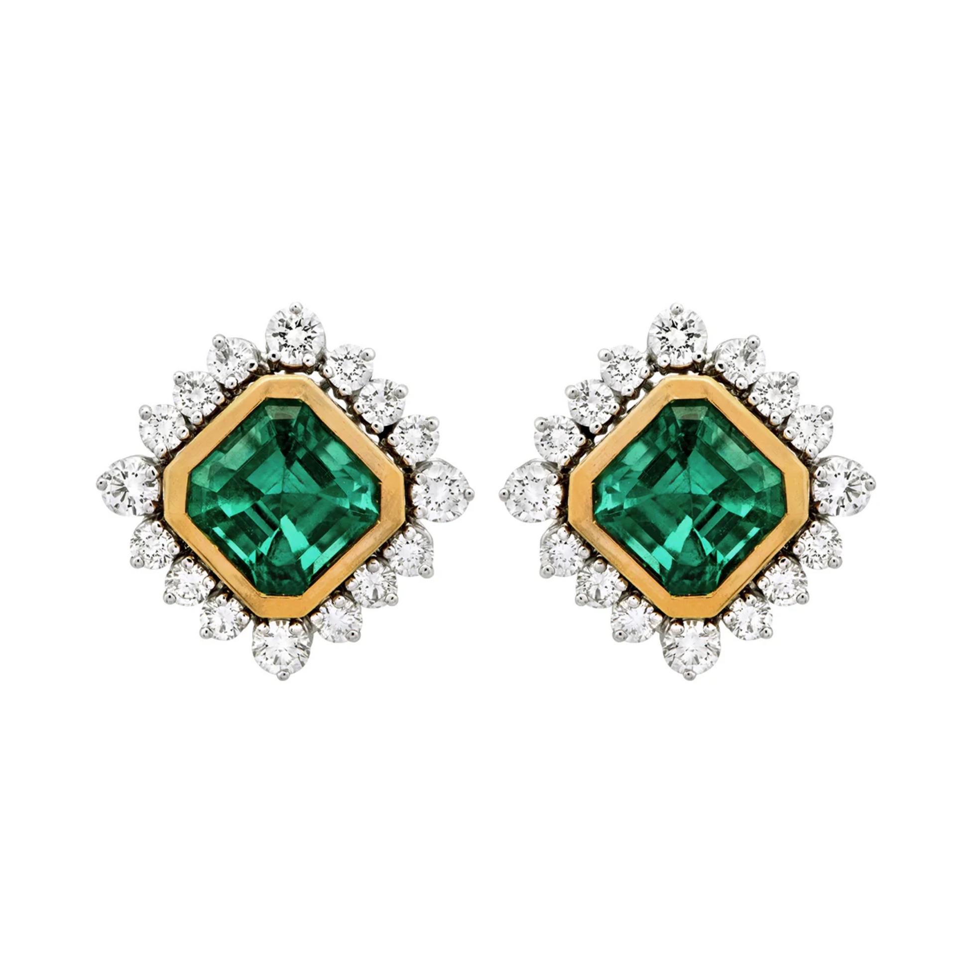 Contemporary 18KT Yellow Gold Emerald & Diamond Earrings front
