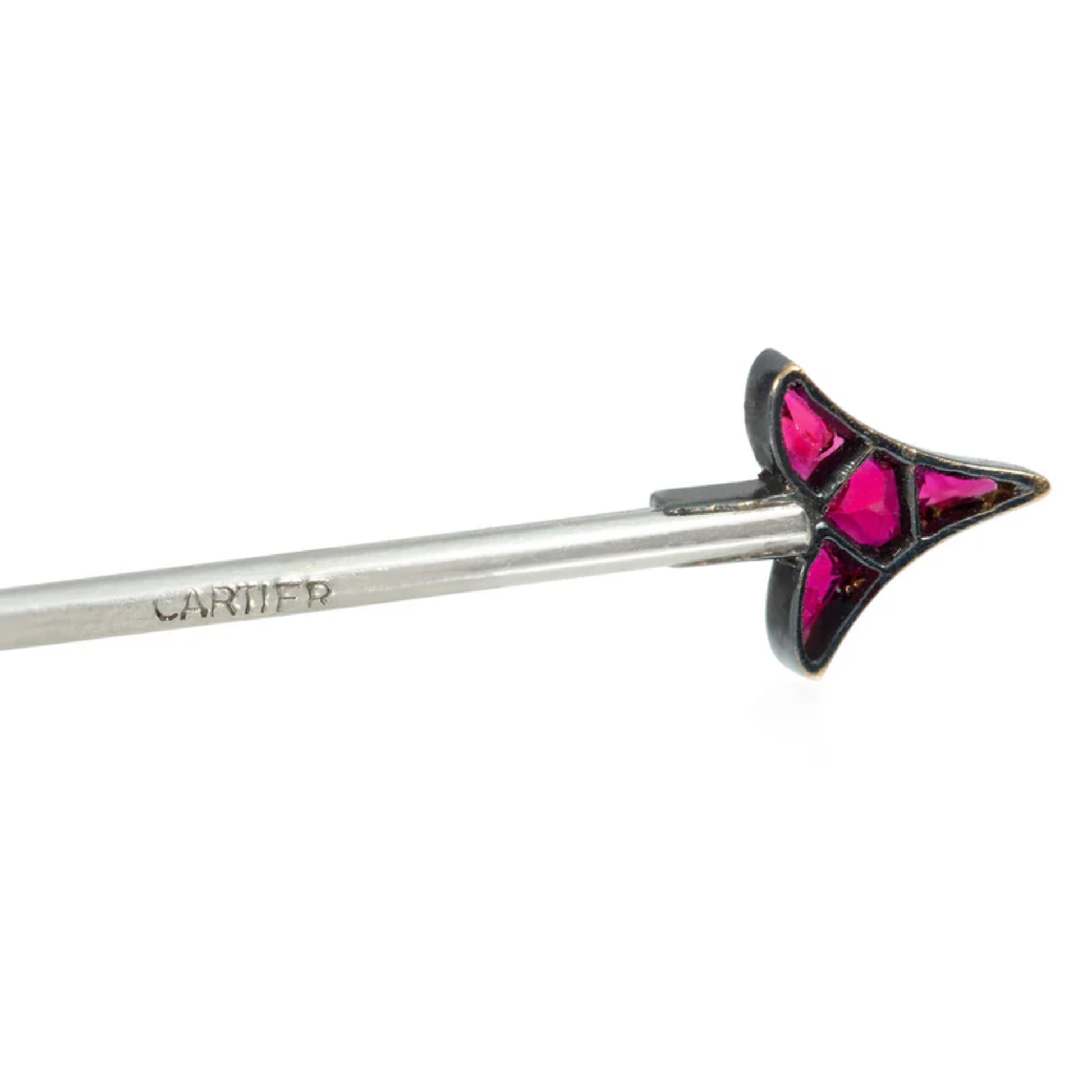 Cartier Paris Art Deco Platinum & 18KT Yellow Gold Ruby & Diamond Arrow Brooch signature