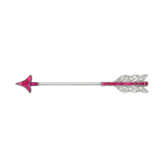 Cartier Paris Art Deco Platinum & 18KT Yellow Gold Ruby & Diamond Arrow Brooch front