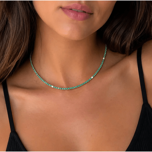 Contemporary 18KT Yellow Gold Emerald & Diamond Necklace on neck