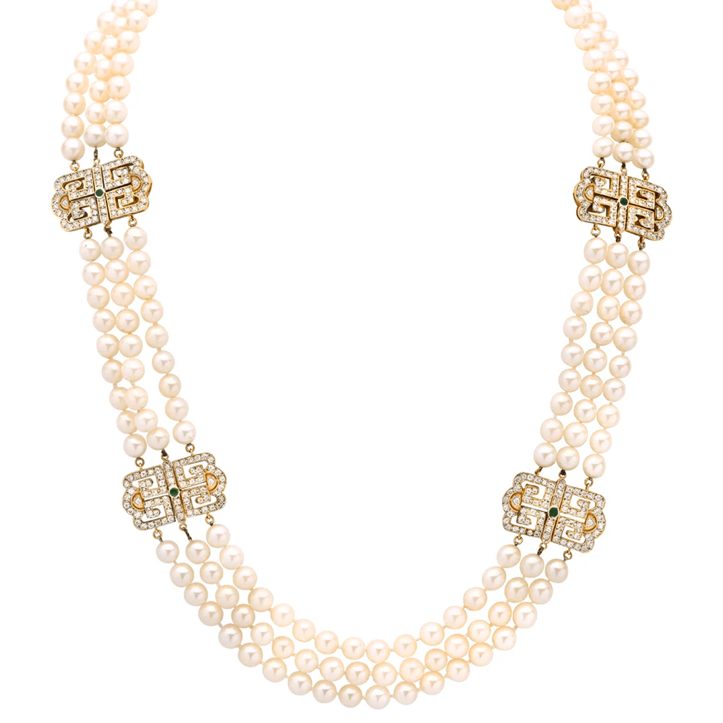 Post-1980s 18KT Yellow Gold Pearl & Diamond Necklace front