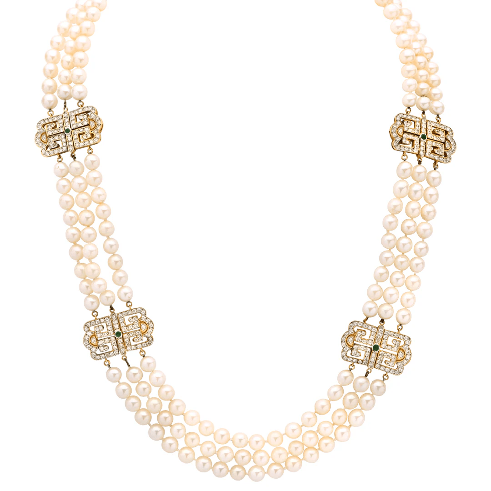 Post-1980s 18KT Yellow Gold Pearl & Diamond Necklace front