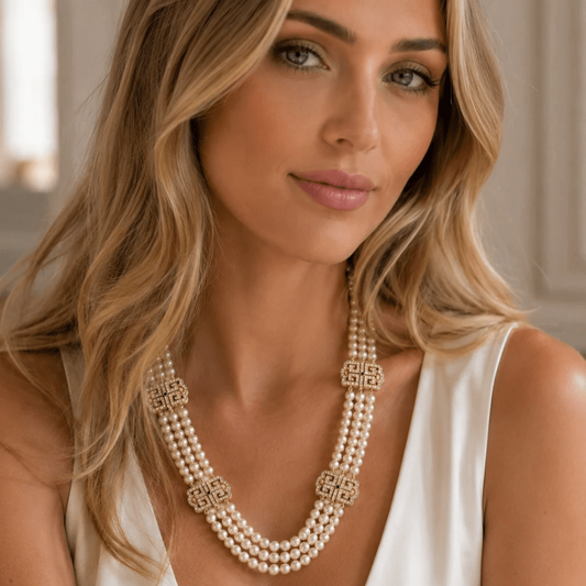 Post-1980s 18KT Yellow Gold Pearl & Diamond Necklace on neck