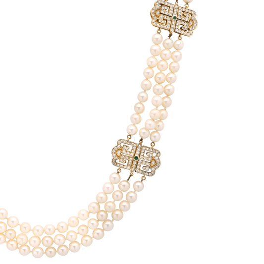 Post-1980s 18KT Yellow Gold Pearl & Diamond Necklace details