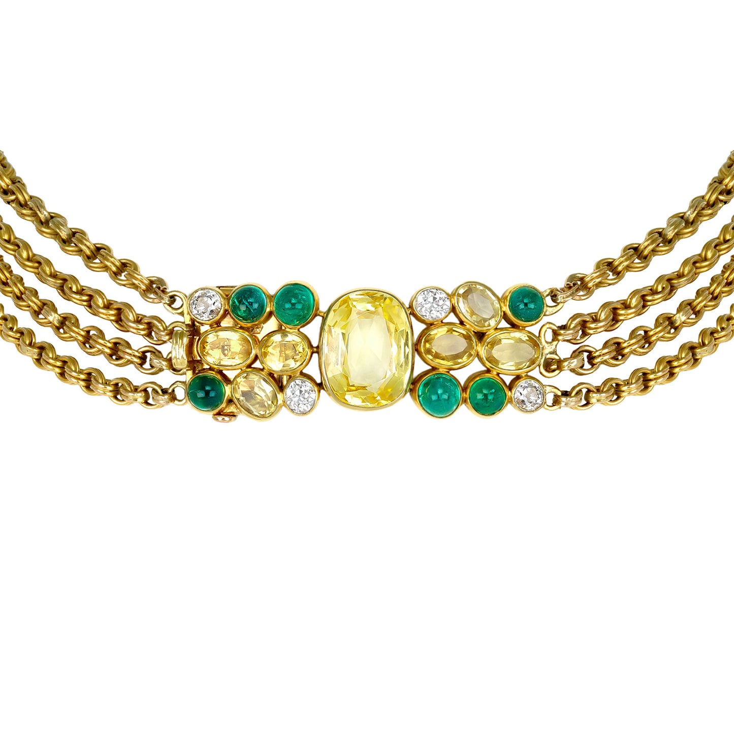 Suzanne Belperron French 1950s 18KT Yellow Gold Sapphire, Citrine, Diamond & Emerald Necklace details