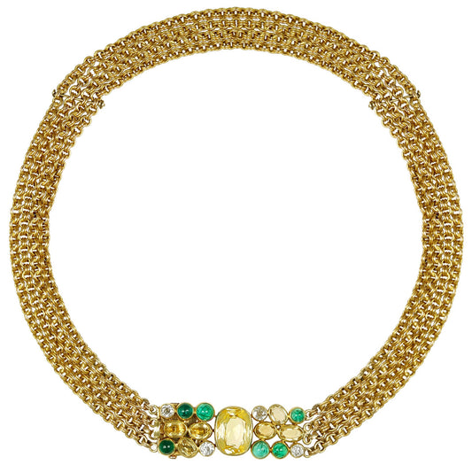 Suzanne Belperron French 1950s 18KT Yellow Gold Sapphire, Citrine, Diamond & Emerald Necklace front