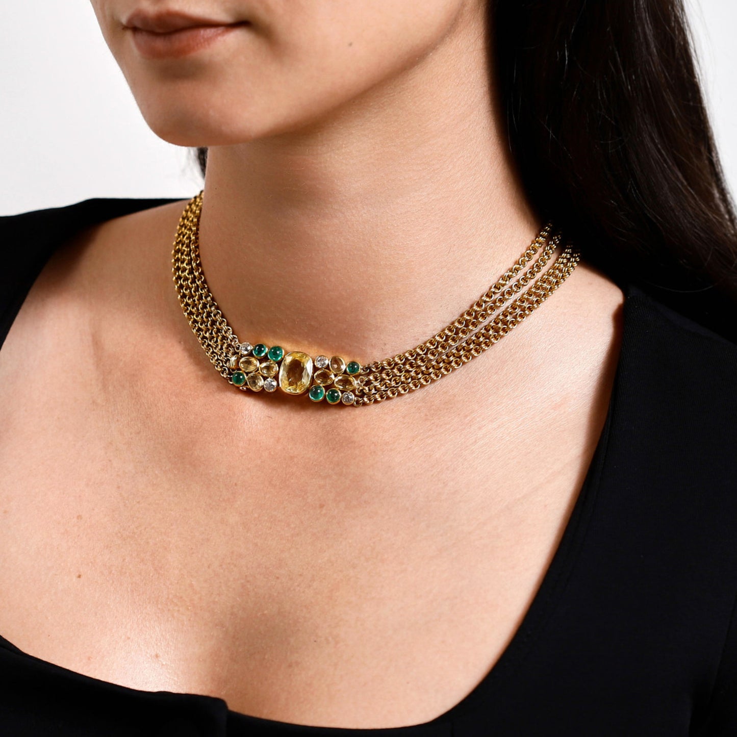 Suzanne Belperron French 1950s 18KT Yellow Gold Sapphire, Citrine, Diamond & Emerald Necklace on neck
