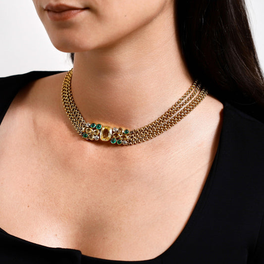 Suzanne Belperron French 1950s 18KT Yellow Gold Sapphire, Citrine, Diamond & Emerald Necklace on neck